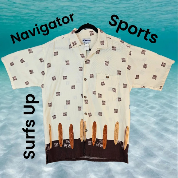 Navigator Sports Mens All Cotton Surfs Up Wood Button Up Beach Surf Wear Sz M - Picture 1 of 10